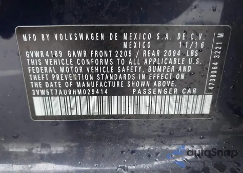 2017 Volkswagen Golf Gti Autobahn 4-Door/S 4-Door/Se 4-Door/Sport 4-Door z USA, uszkodzony, nr VIN 3VW5T7AU9HM029414